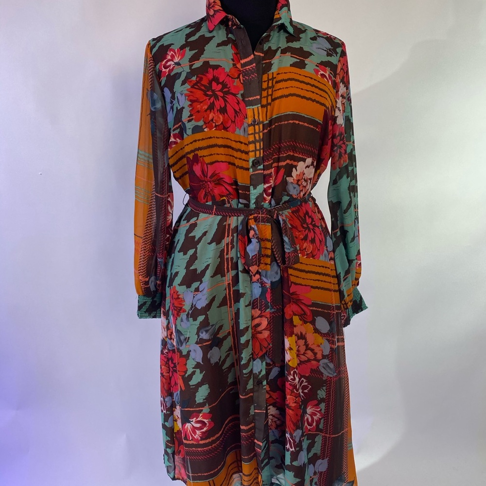 COPY - New York & Company Brown Orange Floral Multi Graphic Print Long Sleeve D…